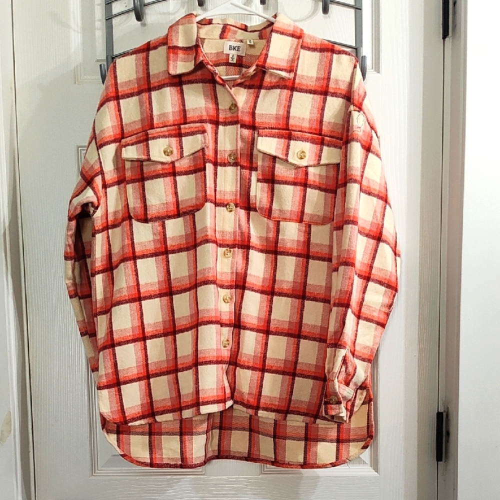 BKE Plaid Button-Up Shirt in Red and Cream